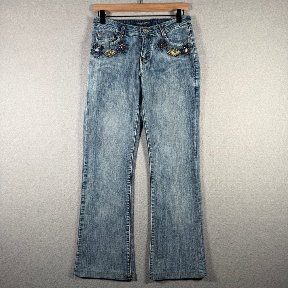 Dolce & Gabbana Womens Embellished Studded Straight Leg Jeans Blue Italy 28x27